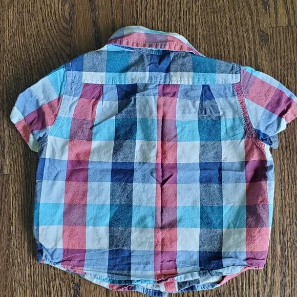 Baby Boy Plaid Button-Up Shirt 6-12M | Short Sleeve Cotton Dress Shirt | - Picture 2 of 4